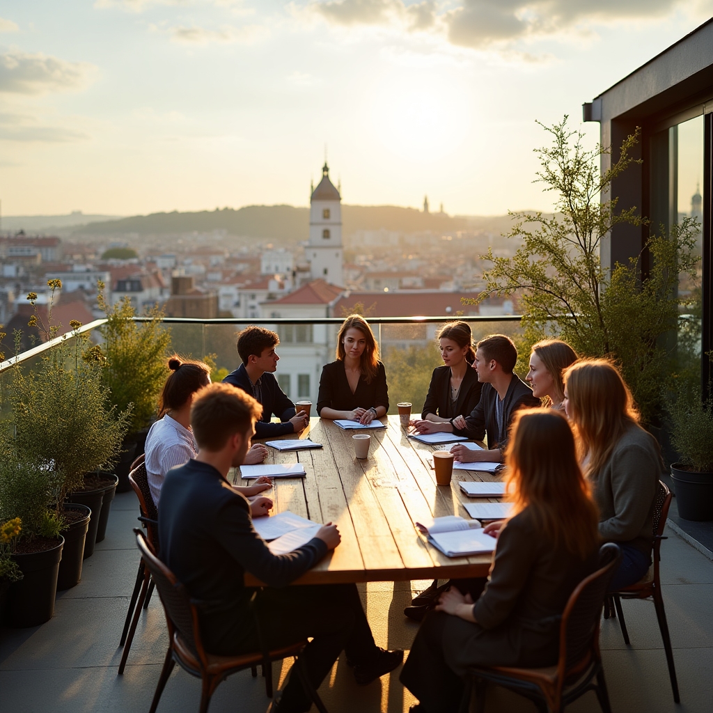 Workshop probíhající na venkovní terase s výhledem na město